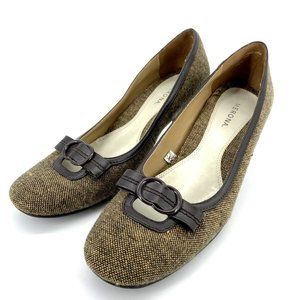 Merona Kitten Heels Sz 7 Brown Tweed Faux Leather Bow Academia Vintage Shoes